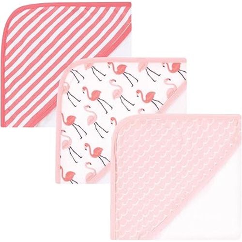 Hudson Baby Unisex Baby Cotton Rich Hooded Towels, Coral Flamingo, One Size