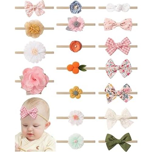 doboi 18PCS Baby Girl Headbands with Bows Baby Flower Hair Bows Nylon Hairbands Handmade Hair Accessories for Newborn Infant Toddlers Little Girls and Kids