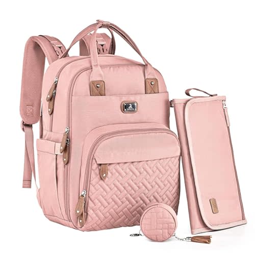 Dikaslon Diaper Bag Backpack with Portable Changing Pad, Pacifier Case and Stroller Straps, Large Unisex Baby Bags for Boys Girls, Multipurpose Travel Back Pack Moms Dads, Pink