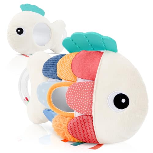 Soft Baby Sensory Toy With Tummy Time Mirror - Entertaining Fish Toy For Infants 0-6, 3-6, 6-12 Months With Rattle & Crinkle Paper - Perfect Montessori for Baby Showers & as Newborn/Infant Gift