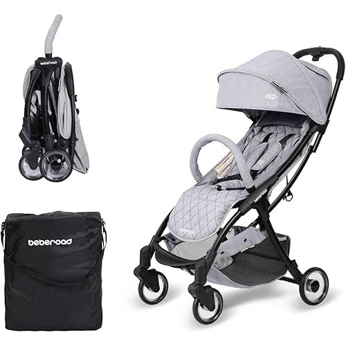 Beberoad Love R2 Small Travel Stroller Compact Stroller Foldable Lightweight Baby Stroller for Airplane, Infant Toddler Stroller with Adjustable Backrest, Cup Holder and Waterproof Canopy, Gray