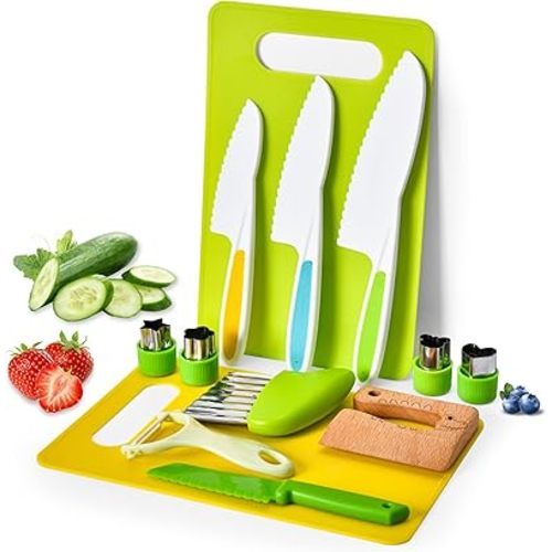 Montessori Kids Knives for Real Cooking, 13 Pieces Wooden Kids Kitchen Knife Set Include 4 Serrated Edges Plastic Toddler Knife,Crinkle Cutter Y Peeler Cutting Boards and Wood Toddler Safe Knife