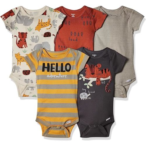Gerber baby-boys 5-pack Short Sleeve Variety Onesies Bodysuits - 6-9 Months - Orange Safari