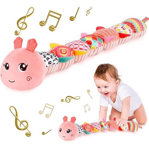 Montessori Infant Baby Musical Stuffed Animal Activity Soft Toys with Multi-Sensory Crinkle, Rattle and Textures for 0-3-6-12 Months Developmental Toys, Caterpillar, Pink