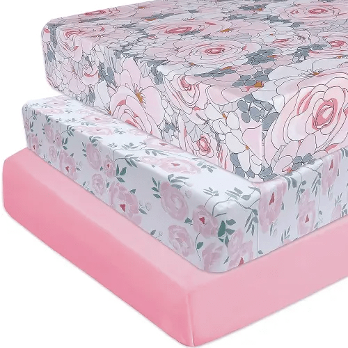 AMROSE 3 Pack Soft Floral Crib Sheets for Baby Girls, 28'' X 52'' Fitted Crib Sheets for Crib and Toddler Mattress Pad, Silk Touch Gentle Breathable Microfiber, Watercolor Floral