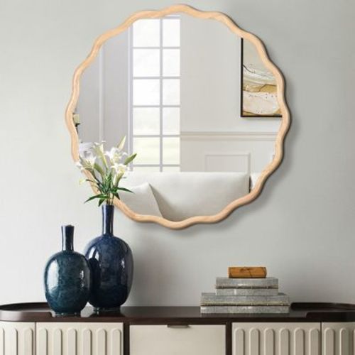 36" Modern Round Solid Wood Wavy Mirror, Natural Wood Vanity Mirror Wall Decor, For Bathroom, Bedroom, Living Room, Cloakroom, Entryway, Natural