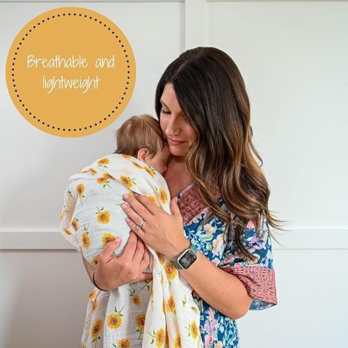 LollyBanks Baby Blanket, 100% Cotton Muslin Swaddle Blankets for Girls, Large 47 x 47 Inches Newborn Blanket, Soft and Breathable Receiving Blankets, Baby Essentials, Registry (Sunflower Print)