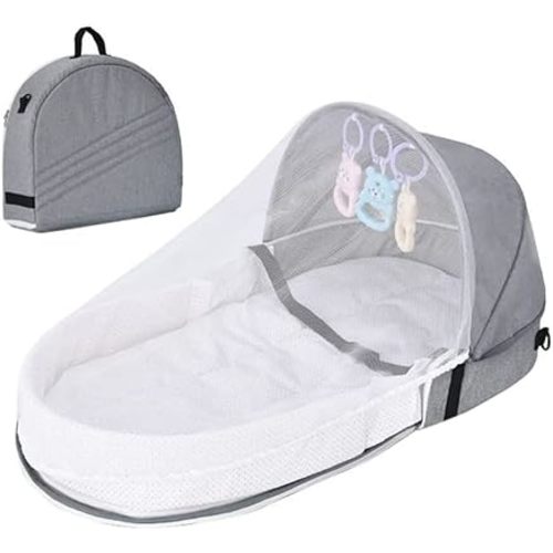 ba net JTLB Baby Travel Cot with Net and Awning Portable Baby Cot Changing Bag Foldable Baby Cot with Net Cuddly Nest Baby Cot (Gray)