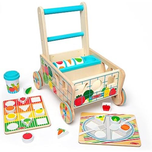 Melissa & Doug Wooden Shape Sorting Grocery Cart Push Toy and Puzzles - Pretend Play Grocery Toys, Sorting And Stacking Toys For Infants And Toddlers Ages 1+ - FSC-Certified Materials