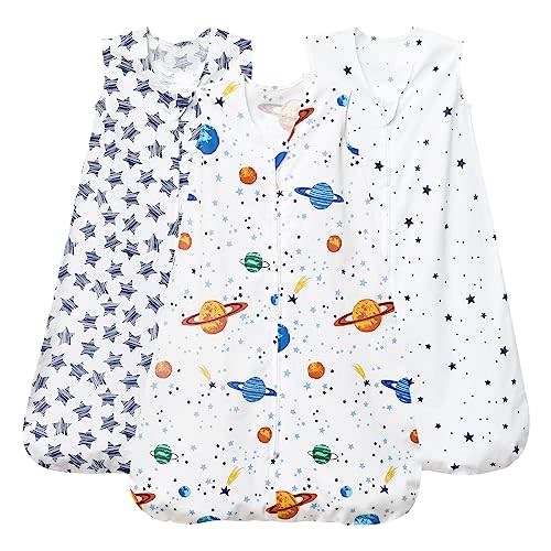 PHF Baby Sleep Sack 6-12 Months 3 Pack 100% Cotton Baby Wearable Blanket, 2-Way Zipper 0.5 TOG Toddler Sleeping Sack, Comfy Sleep Bag for Baby Boys, Space Stars (Medium)