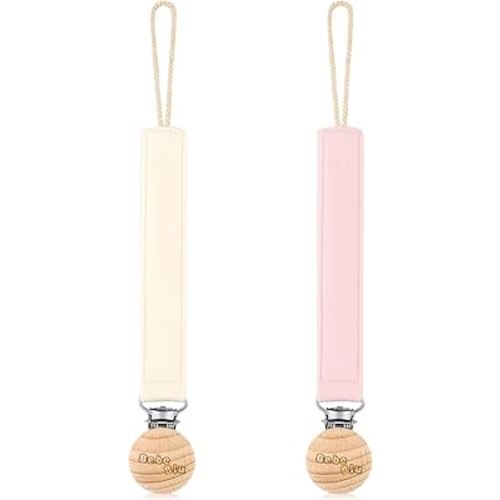 Baby Pacifier Clip, 2 Pack Fabric Pacifier Clips, Super Soft Fabric Strap with Wooden Clip, Pacifier Clips for Baby Girl & Boy (Cream/Blush)