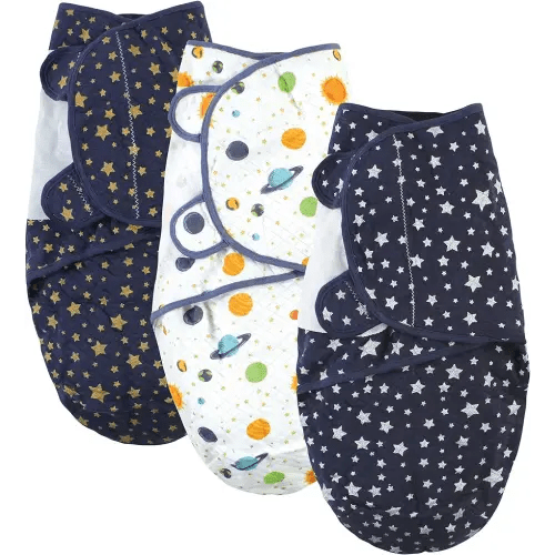 Hudson Baby Unisex Baby Quilted Cotton Swaddle Wrap 3pk, Metallic Stars, 0-3 Months