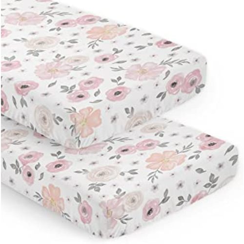 Sweet Jojo Designs Blush Pink Grey Boho Floral Girl Baby Fitted Crib Sheet Set Nursery Soft Infant Newborn Fits Standard Mattress or Toddler Bed - 2pc - Gray White Shabby Chic Rose Watercolor Flower