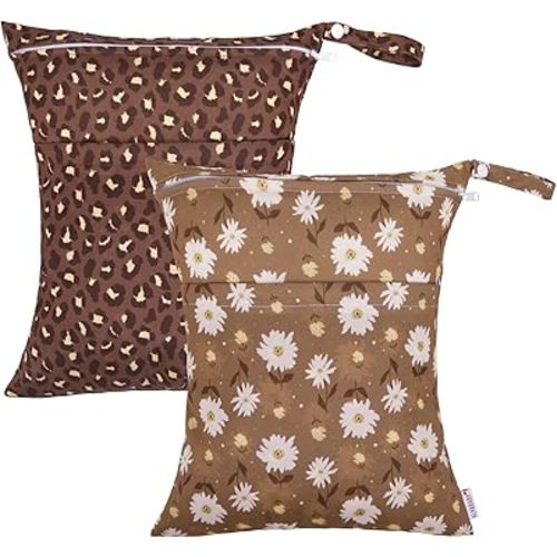 ALVABABY 2pcs Cloth Diaper Wet Dry Bags Waterproof Reusable with Two Zippered Pockets Travel Beach Pool Daycare Soiled Baby Items Yoga Gym Bag for Swimsuits or Wet Clothes 2LM03
