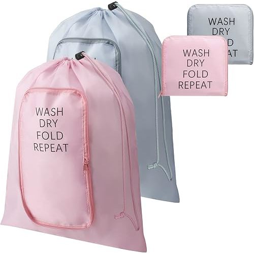 Boao 2 Pcs Travel Laundry Bag Washable Dirty Clothes Bag with Drawstring and Zipper for Suitcase, 22 x 18 Inch (Pink, Gray,Classic)