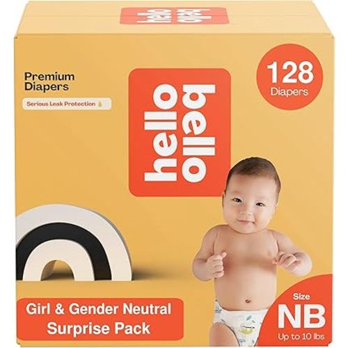 Hello Bello Newborn Premium Diapers, (Size NB - Up to 10 lbs) Surprise Pack for Girls - 128 Count, Hypoallergenic with Soft, Cloth-Like Feel - Assorted Girl & Gender Neutral Patterns