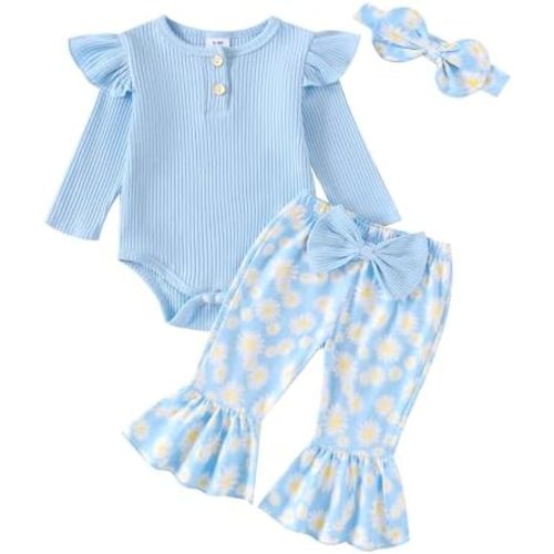 fhutpw Newborn Baby Girl Clothes Rib Frill Long Sleeve Romper Daisy Flared Pants Headband Set 3pcs Fall Winter Outfits