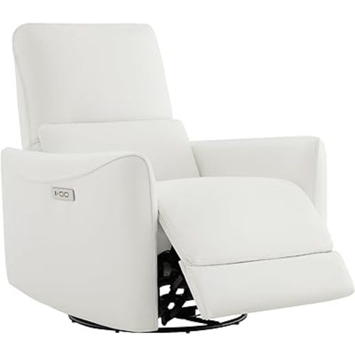 CHITA Power Recliner Chair Swivel Glider, FSC Certified Upholstered Faux Leather Living Room Nursery Reclining Sofa Chair with Lumbar Support, White