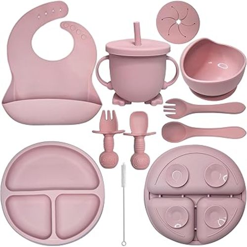 Baby Led Weaning Supplies | 10 Piece Silicone Feeding Set | Baby Toddler Bib Cup Divided Plate and Bowl Self Feeding Spoons Dish Set | Baby Utensils | Toddler Feeding Supplies (Rose Quartz)