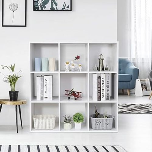 9 Cube Storage Organizer Shelf with 5 Removable Back Panels Freestanding 3-Tier Open Wood Bookshelf for Home, Office, Bedroom, Living Room, White
