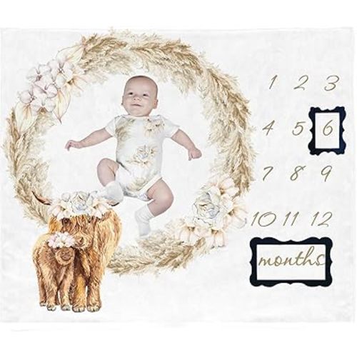 Highland Cow Baby Blanket for Newborn Boy Girl, Baby Monthly Age Milestone Stuff for Memorial Photo Taken - 2 Frame Included