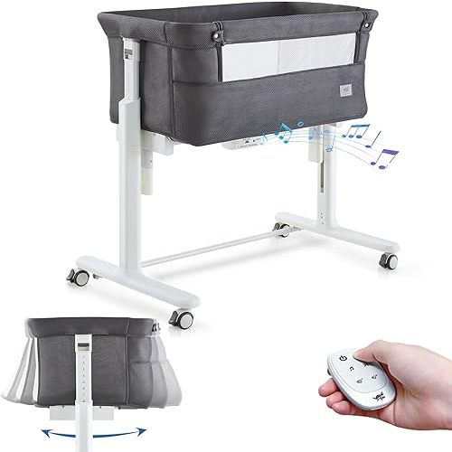 Rocking Bassinet for Baby Automatic Bedside Crib Electric Cradle 5 Heights Adjustable Bedside Sleeper for Babies Infant Smart Auto Rocking Crib 3 in 1 Bassinet on Wheels, Dark Grey