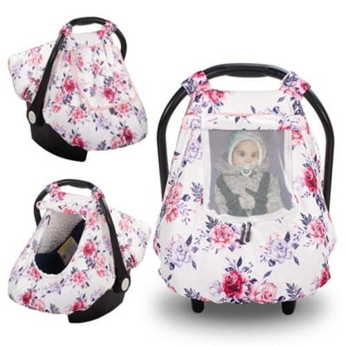 Beavtaens 3-in-1 Baby Car Seat Cover, Winter Carseat Canopy, Soft and Breathable (Purple Flower)
