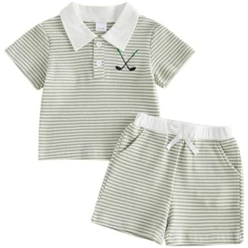Toddler Baby Boy Golf Outfit​ Short Sleeve Lapel Collar Golf Embroidered Shirt Tops Shorts Set Striped Summer Clothes