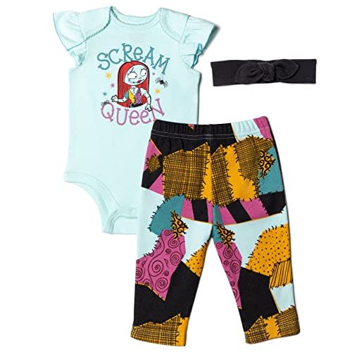Disney Nightmare Before Christmas Zero Sally Jack Skellington Baby Girls Bodysuit Pants and Headband 3 Piece Outfit Set