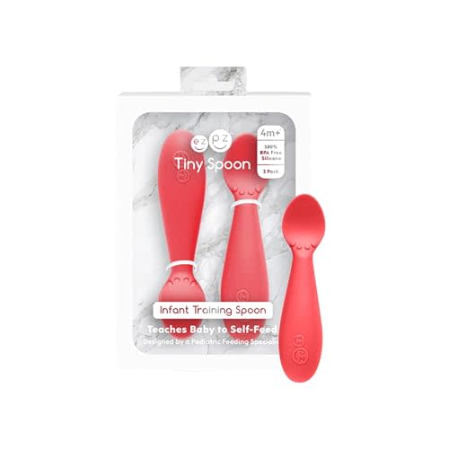 ezpz Tiny Spoon (2 Pack in Coral) - 100% Silicone Baby Spoon for Baby Led Weaning + Purees - 6 Months + - Designed by a Pediatric Feeding Specialist - Baby Essentials & Baby Gifts