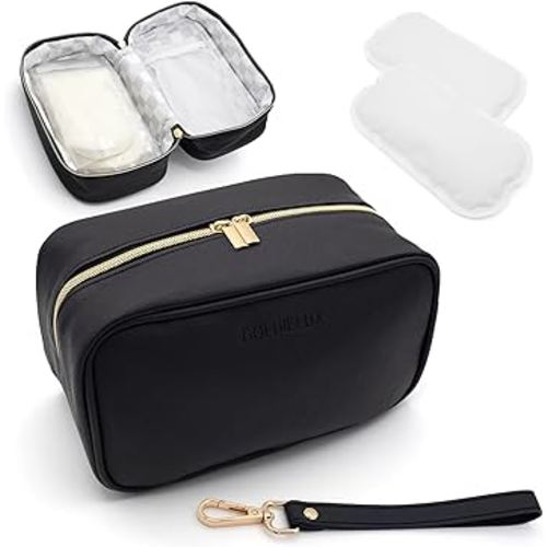 Breast Milk Cooler - Waterproof Breastmilk Storage Bag w/Ice Pack, Checkerboard Interior, Leather Strap, Versatile Insulated Cooler, Deal Baby Travel Essentials (Black)