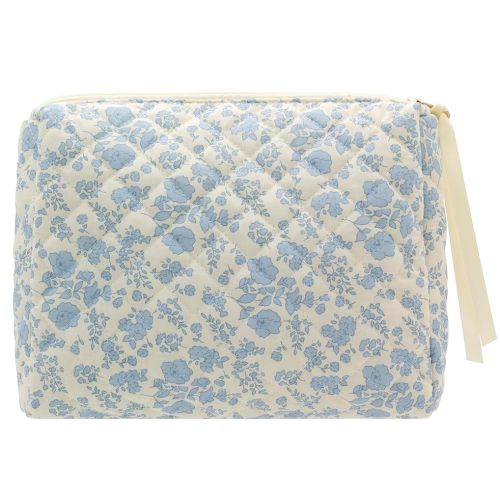 PAZIMIIK Quilted Makeup Bag Large Travel Zipper Soft Cosmetic Pouch for Women Girls Make Up,Little Flower Blue