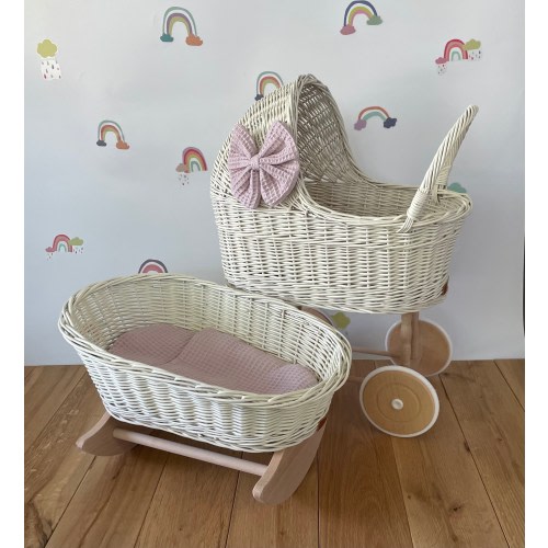 Luxury set of tall wicker doll pram with bow and crib, matching bedding and name tag included, Cream