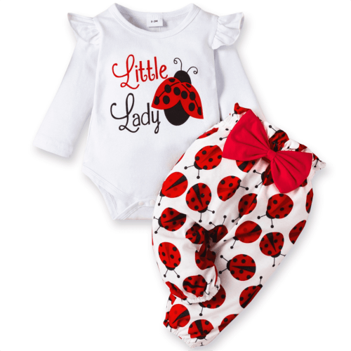 PatPat 3pcs Baby Girl Ladybug Long Sleeve Romper and Bowknot Trousers Set,Fall Clothes Newborn Outfit,0-18 Month