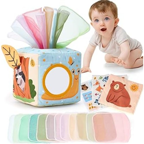 hahaland Baby Tissue Box Toy - Montessori Baby Toys 0-3-6-12 Months, Baby Mirror Baby Sensory Toys for Babies, Baby Boy Girl Gifts for 6M+