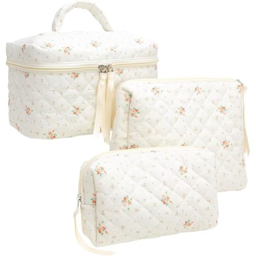 PAZIMIIK 3PCS Makeup Bag SET Large Travel Quilted Zipper Soft Cosmetic Case Pouch for Women Girls Make Up,Floral White