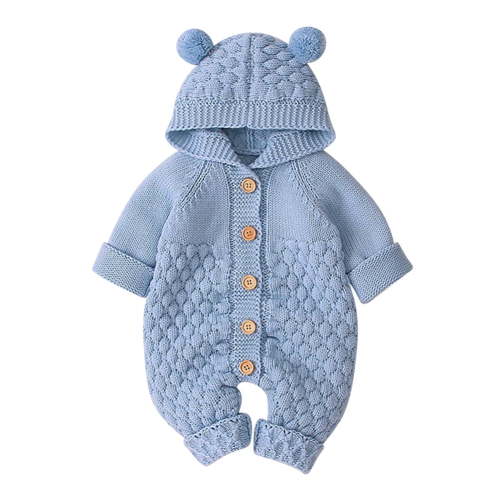 FYMNSI Baby Boy Girl Knitted Sweater Romper Long Sleeve Hoodie Jumpsuit Newborn Infant Winter Clothes Hooded Overall 0-6 Months Blue