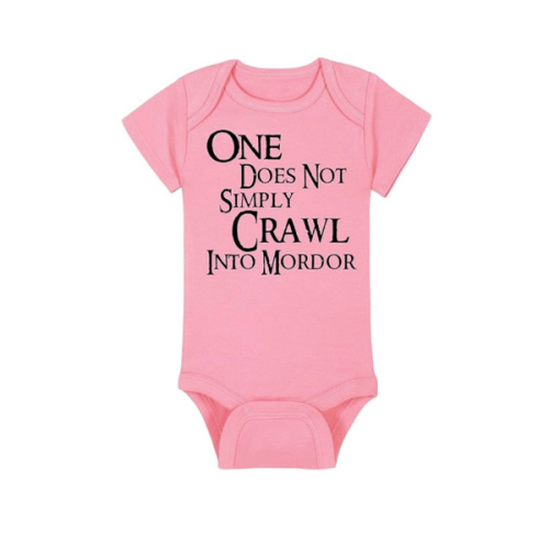 Fantasy Movie Baby Onesie - One Does Not Simply Crawl Into Mordor (6-12 Month - Pink Fabric - Black Design)
