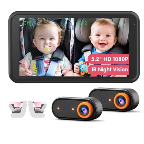 BM2 PRO Dual Baby Car Camera, 5.2" 1080P HD Display for Rear-Facing Car Seats, IR Night Vision, Anti-Shake Mount, Easy Install – Ideal for Parents with 2 Kids and Pets