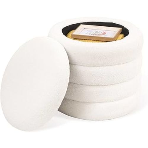 Small Ottoman Storage Sherpa Foot Rest for Couch Teddy Foot Stools Footrest Ottoman Round Foot Stool with Storage White Vanity Stool for Makeup Room