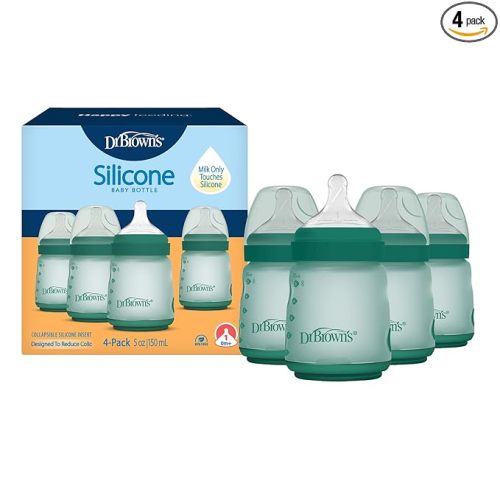 Dr. Brown's Silicone Baby Bottle with Collapsible Insert Designed to Reduce Colic, 5 oz with Wide-Neck Level 1 Slow Flow Nipple, BPA-Free, 0m+, Green, 4-Pack