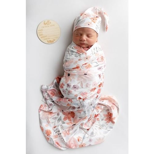 Newborn Baby Girl Receiving Blanket Swaddle Blanket Stretchy Knit Swaddle Set with Matching Headband and Beanie (Orange)