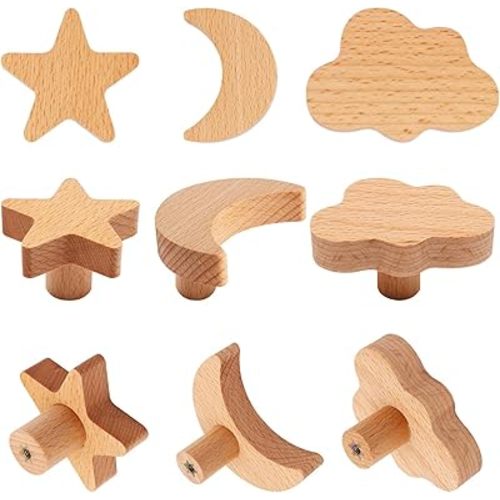 Wooden Cabinet Knobs, Star and Moon Shape Drawer Pulls Nursery Dresser Knobs Woodland Animals Wooden Knobs for Crafts Handles for Furniture Cupboard Closet Door (12, Moon Star Cloud)