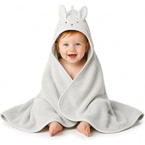 Hooded Baby Towel – 100% Organic Cotton Baby Bath Towels – Baby Boy and Girl Newborn Essentials - Super-Soft and Absorbent. (Rabbit - Pearl Grey)