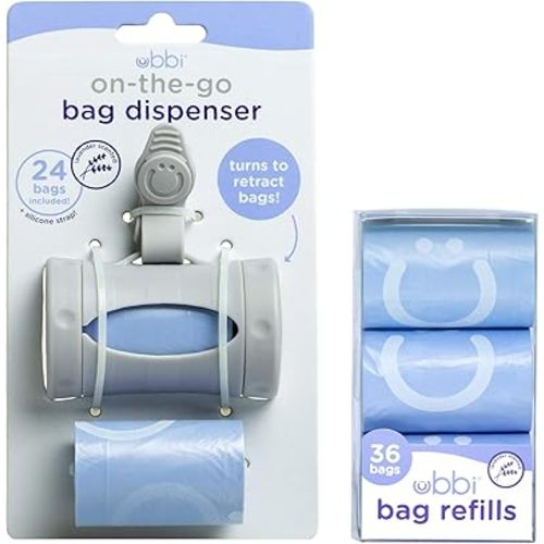 Ubbi On The Go Gray Bag Dispenser and Waste Disposal Bags Refill, Lavender Scented, Baby Savings Bundle