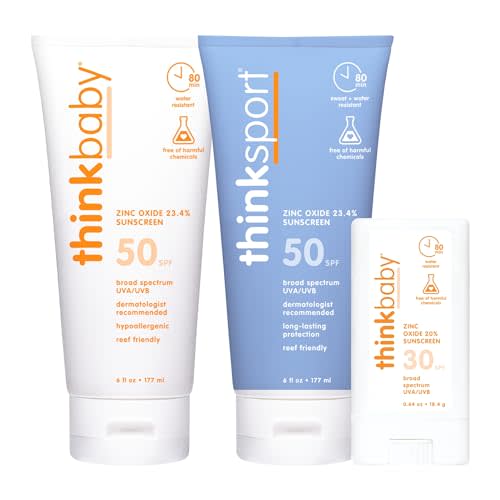 Thinkbaby SPF 50+ Baby Sunscreen 6 Oz + Thinksport SPF 50+ Mineral Sunscreen 6 Oz + Thinkbaby SPF 30 Sunscreen Stick 0.64 Oz