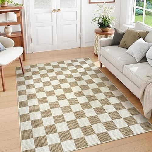 Machine Washable 5x7 Area Rugs for Living Room Checkered, Non Slip Soft Low Pile Farmhouse Geometric Modern Neutral Washable Boys Rugs for Bedroom, Large Carpet Rugs for Dining Room(Brown,5'x7')