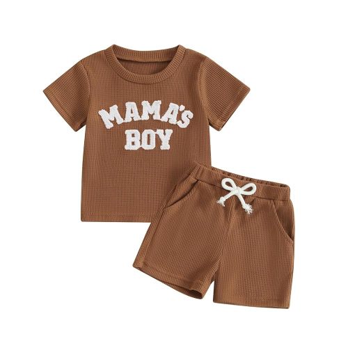 Kupretty Toddler Baby Boy Summer Clothes Embroiderey Waffle Knit Short Sleeve T-Shirt Tees + Casual Shorts Cute Clothing Set