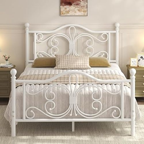 Queen Size Bed Frame，Metal Platform Bed with Headboard, Butterfly Pattern Design Headboard & Footboard, Strong Metal Slat Support, Easy Assemble, No Box Spring Needed, Noise-Free, White