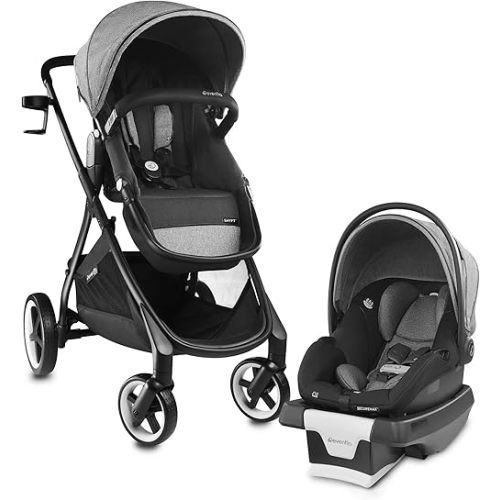 Evenflo Gold Shyft Travel Smart Infant System Stroller with SecureMax Baby Car Seat with Deep Storage Basket and SensorSafe, Moonstone Grey and Black
